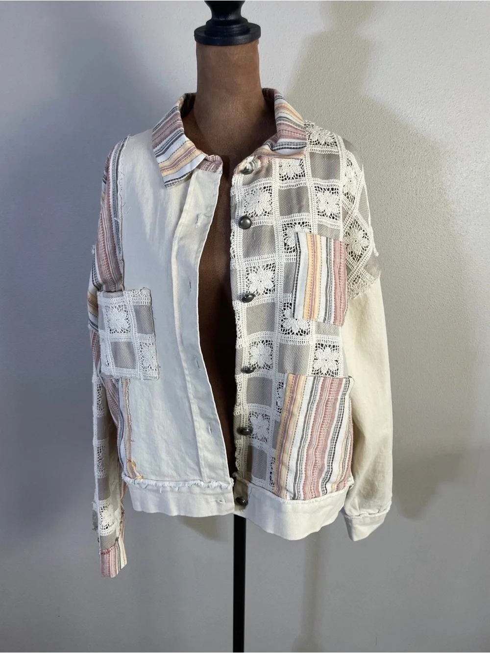 POL Patchwork Lace Trucker Jacket in Beige with Pastel Stripes